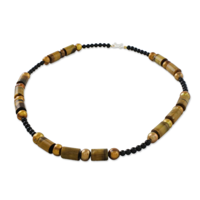 Cultured pearl and tiger's eye beaded necklace, 'Honey Bamboo' - Beaded Onyx and Tiger's Eye Necklace