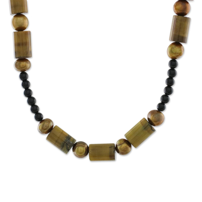 Cultured pearl and tiger's eye beaded necklace. 'Honey Bamboo' - Beaded Onyx and Tiger's Eye Necklace