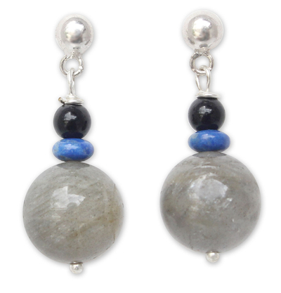 Labradorite and onyx dangle earrings, 'Neptune's Queen' - Labradorite and onyx dangle earrings