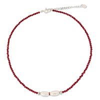 Gargantilla de cuarzo y perlas cultivadas, 'Scarlet Lady' - Gargantilla artesanal de perlas y cuarzo