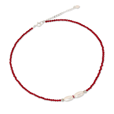 Quartz and cultured pearl choker, 'Scarlet Lady' - Handcrafted Pearl and Quartz Choker