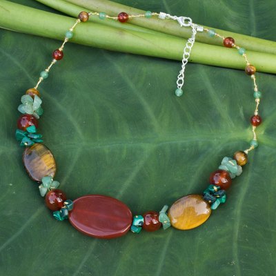 Tiger's eye and carnelian beaded necklace, 'Thai Harmony' - Unique Beaded Tiger's Eye and Carnelian Necklace