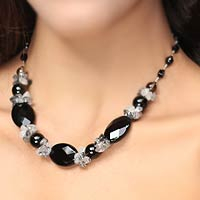 Quartz beaded necklace, 'Nocturnal Harmony' - Fair Trade Beaded Smokey Quartz Necklace