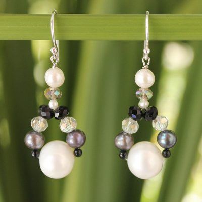 Cultured pearl dangle earrings, 'A Spark of Romance' - Hand Crafted Pearl Dangle Earrings