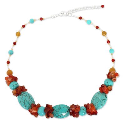 Handmade Multi-Gem Beaded Necklace with Carnelian, Yellow Agate, Blue Calcite