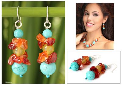 Carnelian beaded dangle earrings, 'Bold Harmony' - Carnelian Beaded Earrings
