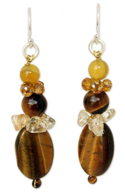 Tiger's eye and citrine beaded earrings, 'Earth's Harmony' - Tiger's Eye and Citrine Beaded Earrings