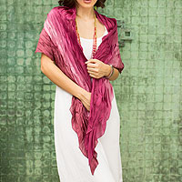 Silk scarf, 'Rose Magnificence' - Pleated Ombre Silk Scarf