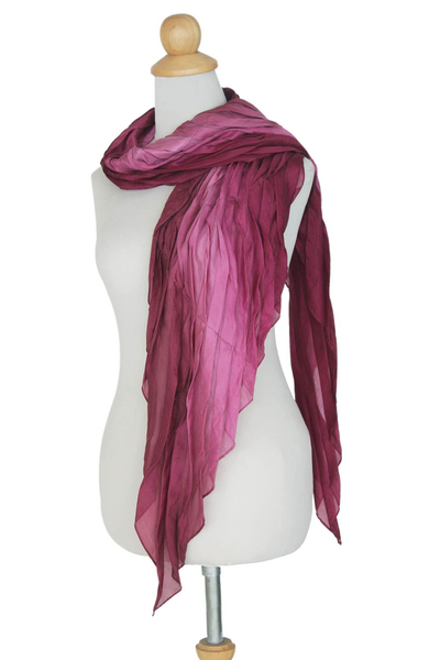 Silk scarf, 'Rose Magnificence' - Pleated Ombre Silk Scarf