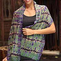 Silk scarf, 'Green Wilderness' - Tie Dye Scarf from Thailand