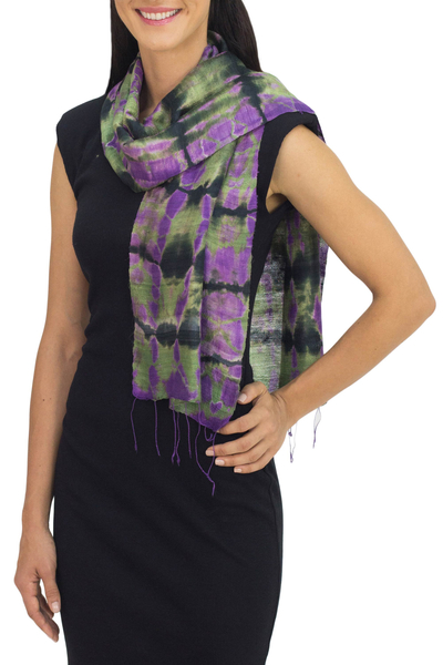 Silk scarf, 'Green Wilderness' - Tie Dye Scarf from Thailand