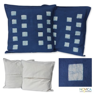 Cotton batik cushion covers, 'Exotic Indigo' (pair) - Cotton batik cushion covers (Pair)