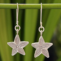 Silver dangle earrings, 'Karen Star Leaf' - Silver dangle earrings