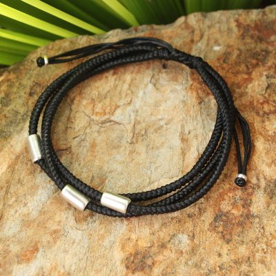 Silver accent wristband bracelet, 'Hill Tribe Friend in Black' - Silver Braided Bracelet