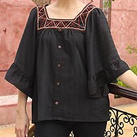 Cotton blouse, 'Ruffled Black Charm' - Handcrafted Cotton Button Up Blouse