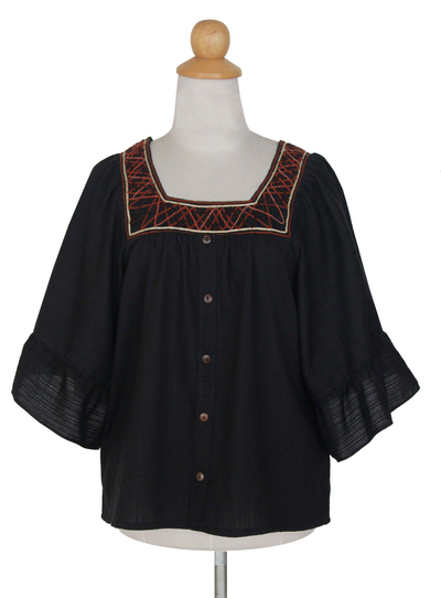 Cotton blouse, 'Ruffled Black Charm' - Handcrafted Cotton Button Up Blouse 