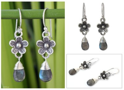 Labradorite flower earrings, 'Rainforest Dew' - Floral Silver Labradorite Dangle Earrings