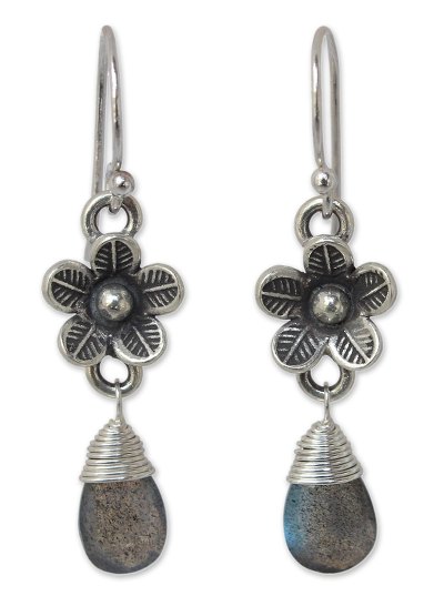 Labradorite flower earrings, 'Rainforest Dew' - Floral Silver Labradorite Dangle Earrings