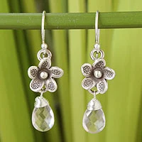 Rose quartz flower earrings, 'Rainforest Dew'