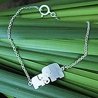 Sterling silver bracelet, 'Family Love' - Unique Artisan Loving Elephant Jewelry