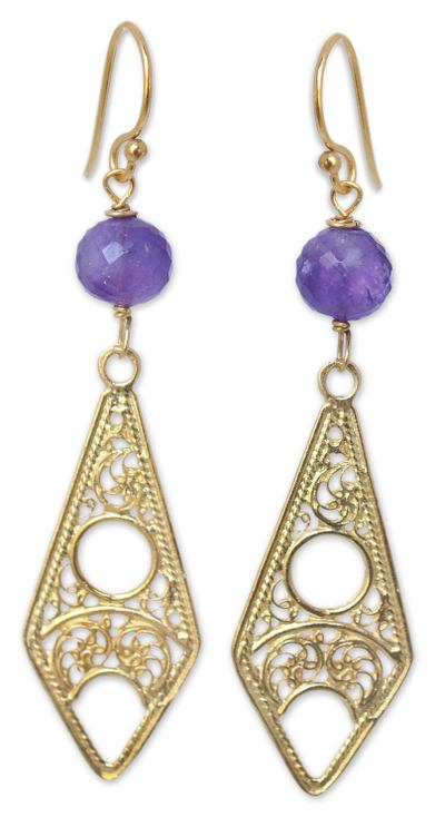Gold vermeil amethyst filigree earrings, 'Chiang Mai Chic' - Gold vermeil amethyst filigree earrings