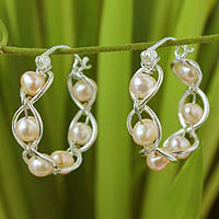 Cultured pearl hoop earrings, 'Peach Twist'