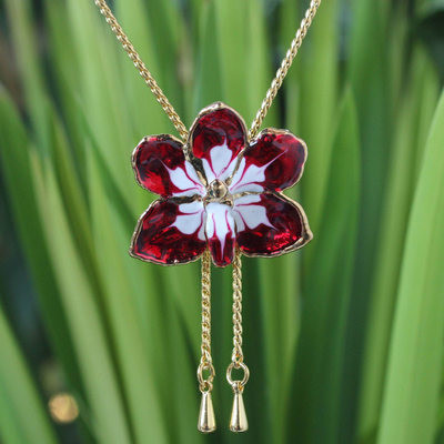 Natürliche Orchideen-Lariat-Halskette - Vergoldete natürliche Orchideen-Halskette aus Thailand