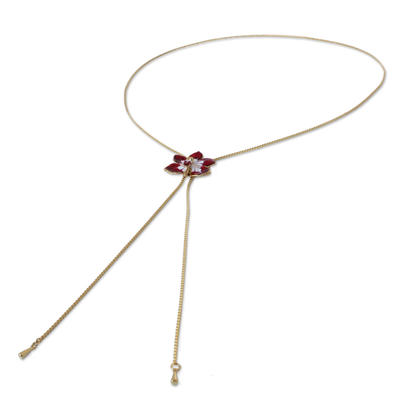 Natural orchid lariat necklace, 'Scarlet Dancer' - Gold Plated Natural Orchid Necklace from Thailand