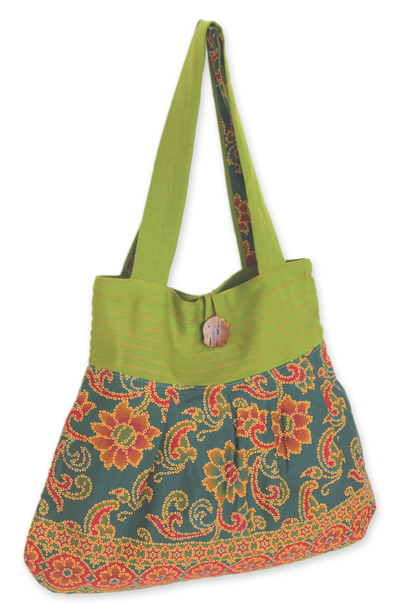 Floral Cotton Shoulder Bag - Kiwi Afternoon | NOVICA