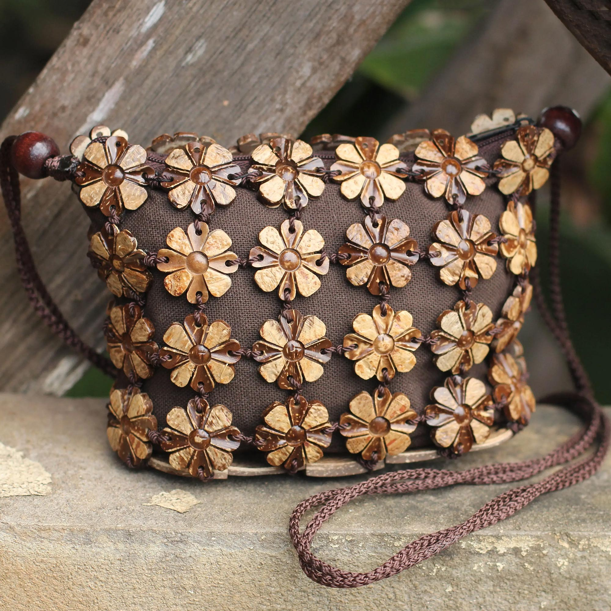 Handcrafted Floral Coconut Shell Shoulder Bag - Petite Garden | NOVICA
