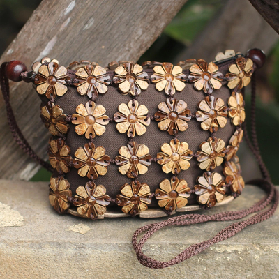 Coconut shell shoulder bag, 'Petite Garden' - Handcrafted Floral Coconut Shell Shoulder Bag 