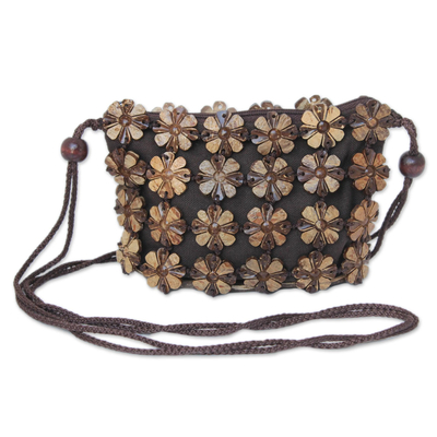 Coconut shell shoulder bag, 'Petite Garden' - Handcrafted Floral Coconut Shell Shoulder Bag 