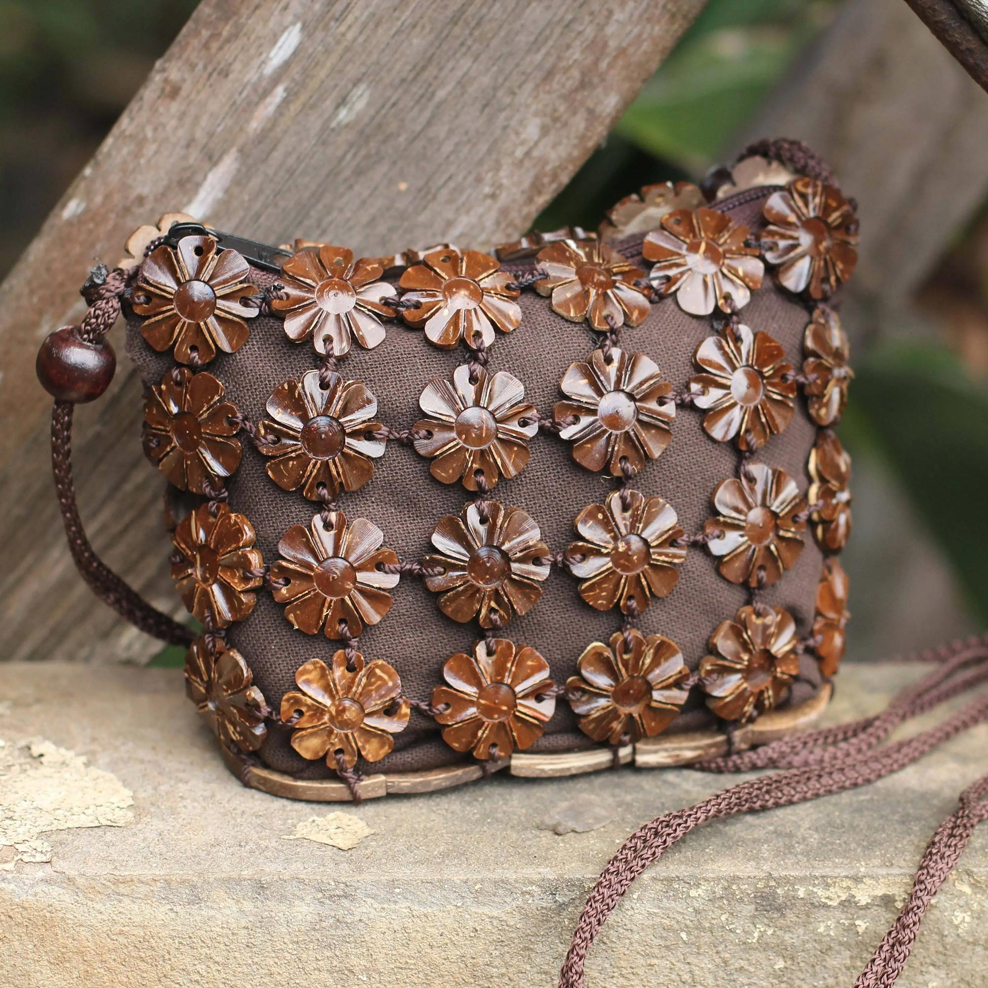 Unique Floral Coconut Shell Shoulder Bag - Petite Brown Daisies | NOVICA