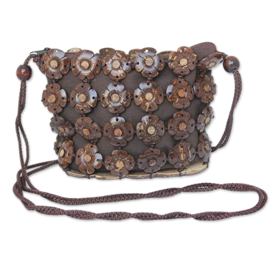 Coconut shell shoulder bag, 'Petite Blossoms' - Fair Trade Floral Coconut Shell Shoulder Bag