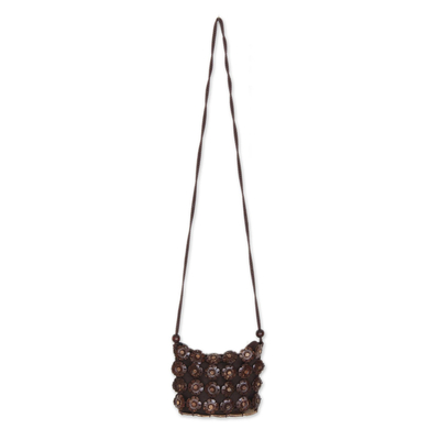 Coconut shell shoulder bag, 'Petite Blossoms' - Fair Trade Floral Coconut Shell Shoulder Bag