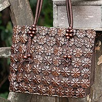 Coconut shell Tote handbag, 'Thai Garden' - Floral Designer Hand Made Tote Case