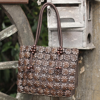 Tote-Handtasche aus Kokosnussschale - Handgefertigte florale Einkaufstasche aus Kokosnussschale