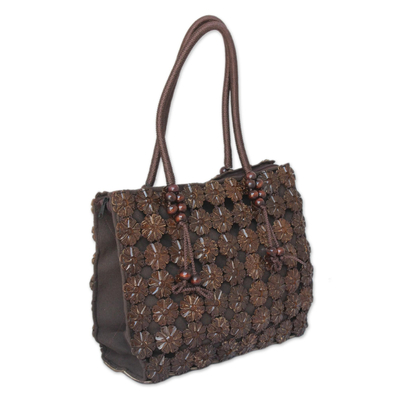Coconut shell Tote handbag, 'Thai Garden' - Hand Made Floral Coconut Shell Tote Bag