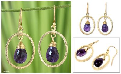 Gold vermeil amethyst dangle earrings, 'Sweet Elegance' - Gold Vermeil and Amethyst Dangle Earrings