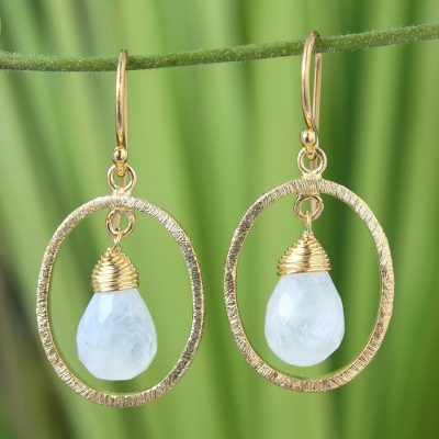 Gold vermeil rainbow moonstone dangle earrings, 'Sweet Elegance' - Gold vermeil rainbow moonstone dangle earrings