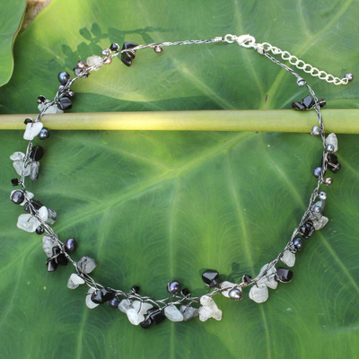 Cultured pearl and tourmalinated quartz beaded necklace, 'River of Night' - Beaded Quartz and Pearl Necklace from Thailand