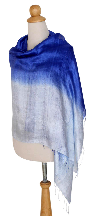 Silk shawl, 'Shimmering Sky' - Blue Silk Shawl