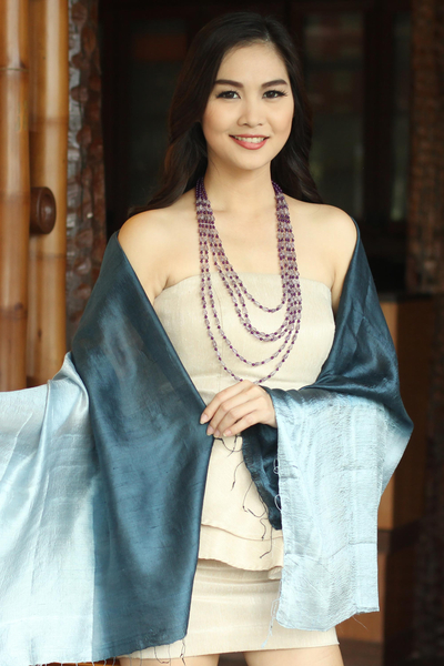 Silk shawl, 'Shimmering Ocean' - Silk Shawl from Thailand