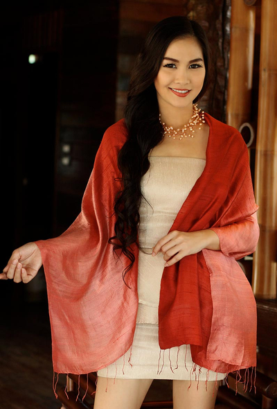 Silk shawl, 'Shimmering Vermilion' - Artisan Crafted Silk Shawl