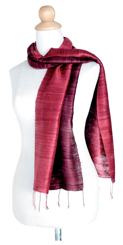 Silk scarf, 'Roses and Red Wine' - Handcrafted Silk Scarf