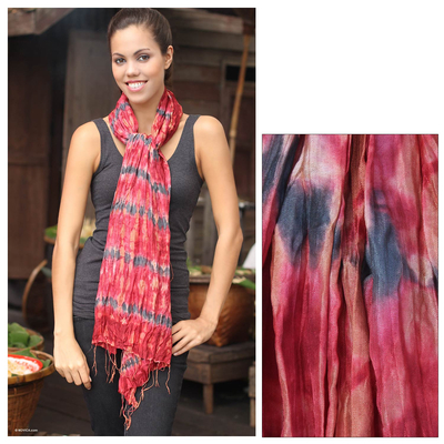 Tie-dyed scarf, 'Smoky Carnation' - Patterned Scarf from Thailand