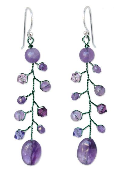 Amethyst dangle earrings, 'Thai Orchids' - Beaded Amethyst Earrings from Thailand