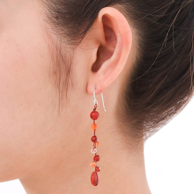 Carnelian dangle earrings, 'Thai Sun' - Handcrafted Beaded Carnelian Earrings