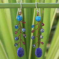Lapis lazuli dangle earrings, 'Thai Seas' - Unique Beaded Lapis Lazuli and Agate Earrings