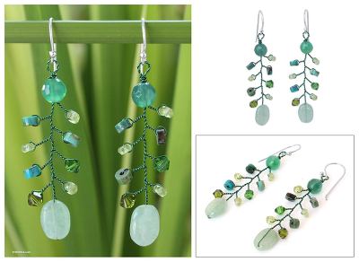 Beaded dangle earrings, 'Thai Forest' - Agate and Quartz Earrings